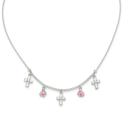 Children's Enamel Cross & Angel Station Necklace with CZ Accents in Sterling Silver