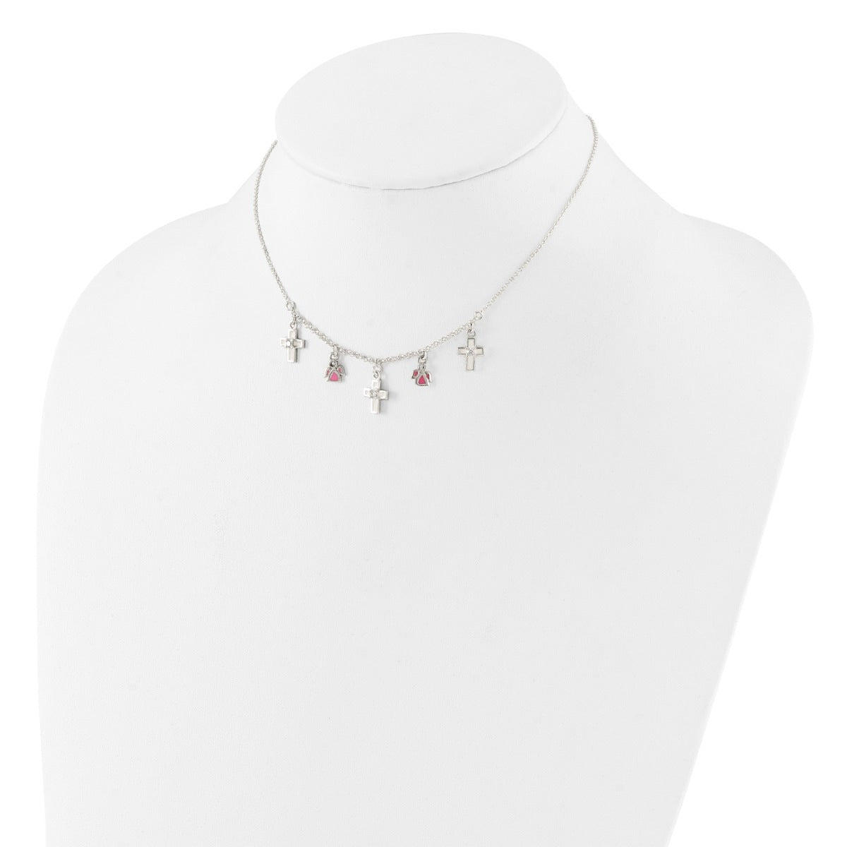 Children's Enamel Cross & Angel Station Necklace with CZ Accents in Sterling Silver close-up detail