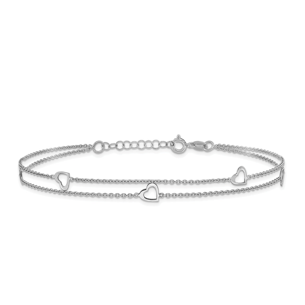 9-inch Adjustable Open Heart Double Strand Ankle Bracelet in Sterling Silver