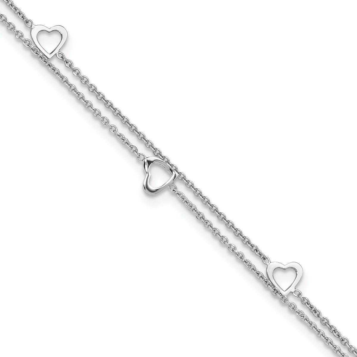 9-inch Adjustable Open Heart Double Strand Ankle Bracelet in Sterling Silver front view