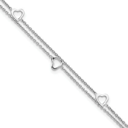 9-inch Adjustable Open Heart Double Strand Ankle Bracelet in Sterling Silver front view