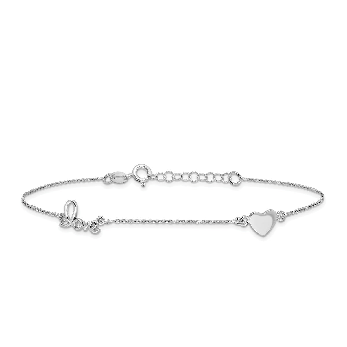 9-inch Adjustable Heart & Love Ankle Bracelet in Sterling Silver