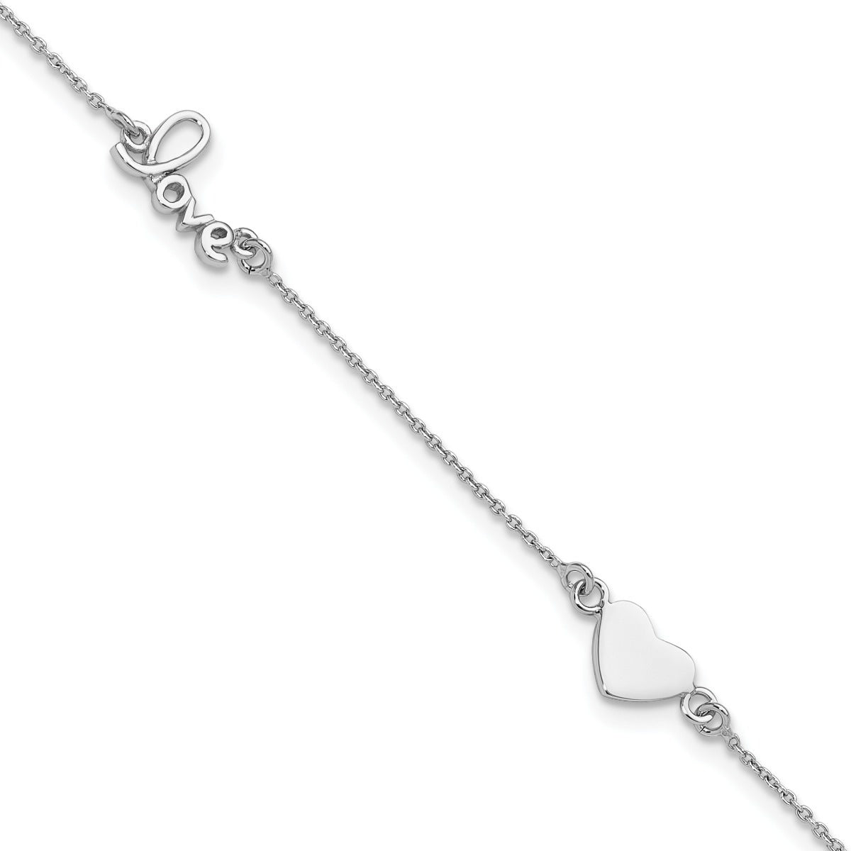 9-inch Adjustable Heart & Love Ankle Bracelet in Sterling Silver front view