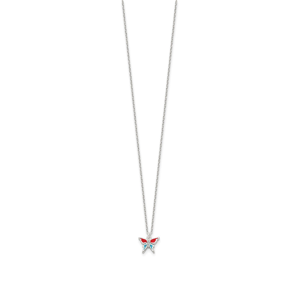 Children's Red & Blue Enamel Butterfly Pendant with CZ Accents in Sterling Silver front view