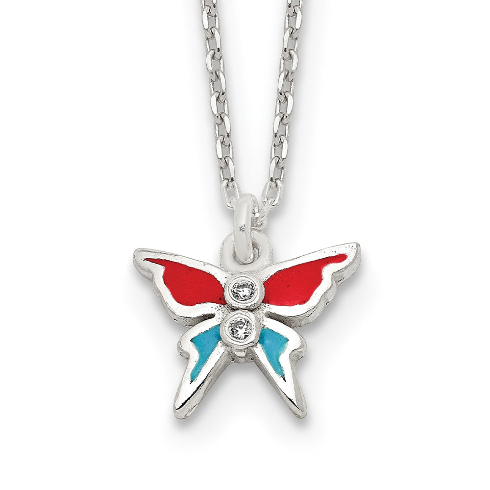 Children's Red & Blue Enamel Butterfly Pendant with CZ Accents in Sterling Silver