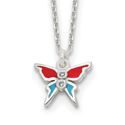Children's Red & Blue Enamel Butterfly Pendant with CZ Accents in Sterling Silver