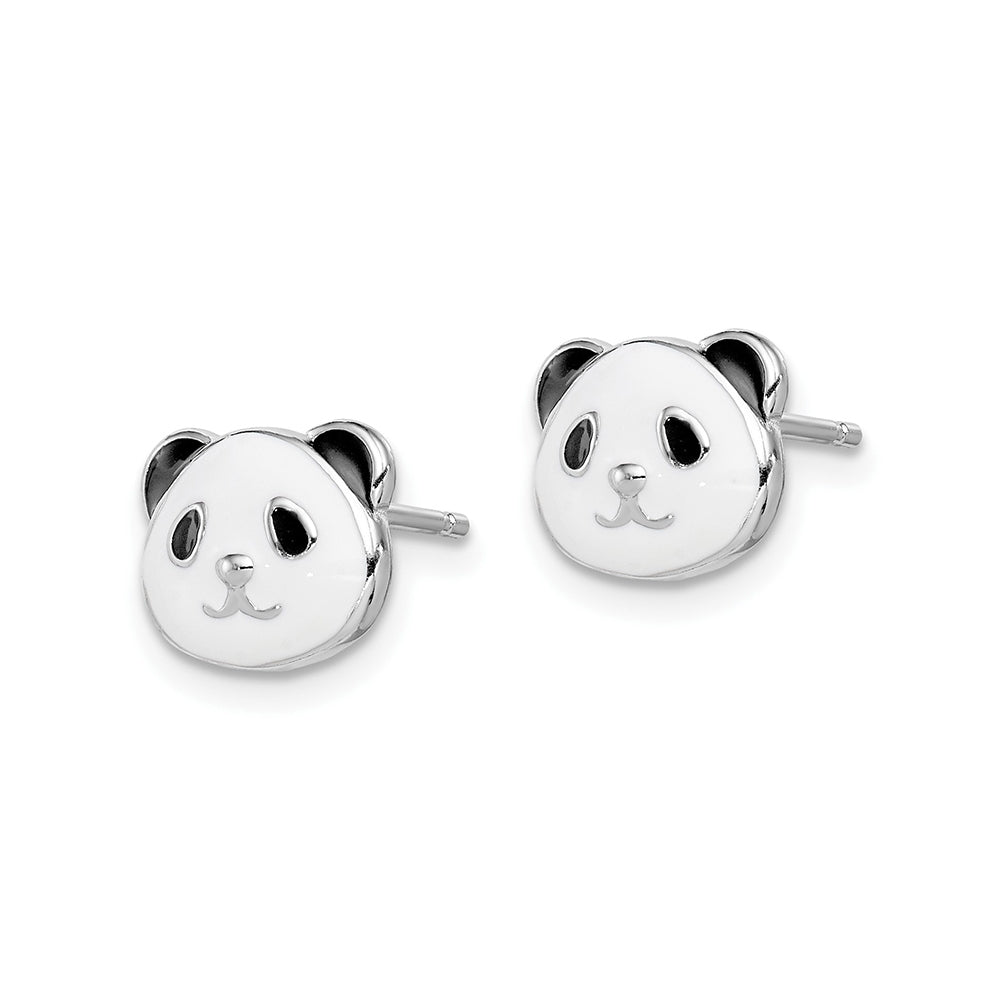 Children's Enamel Panda Head Earrings in Rhodium Plated Sterling Silver front view