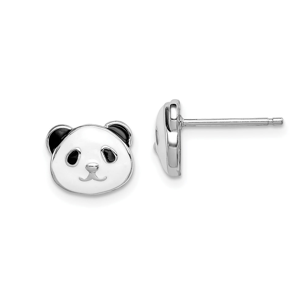 Children's Enamel Panda Head Earrings in Rhodium Plated Sterling Silver