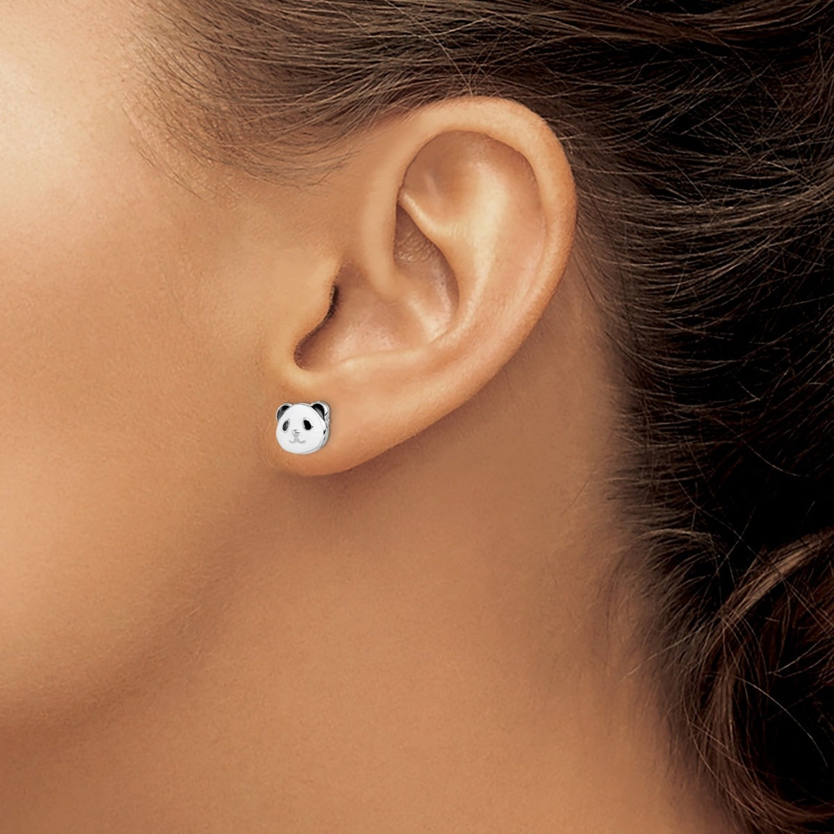 Children's Enamel Panda Head Earrings in Rhodium Plated Sterling Silver close-up detail
