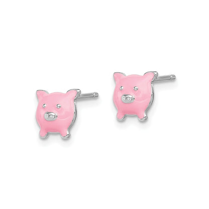 Children's Enamel Pig Earrings in Rhodium Plated Sterling Silver front view