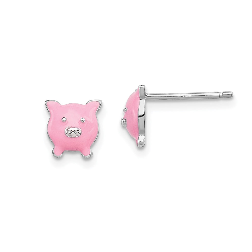 Children's Enamel Pig Earrings in Rhodium Plated Sterling Silver