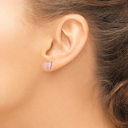 Children's Enamel Pig Earrings in Rhodium Plated Sterling Silver close-up detail