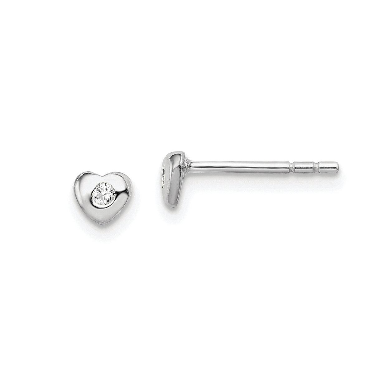 Children's White Crystal April Birthstone Heart Earrings in Rhodium Plated Sterling Silver