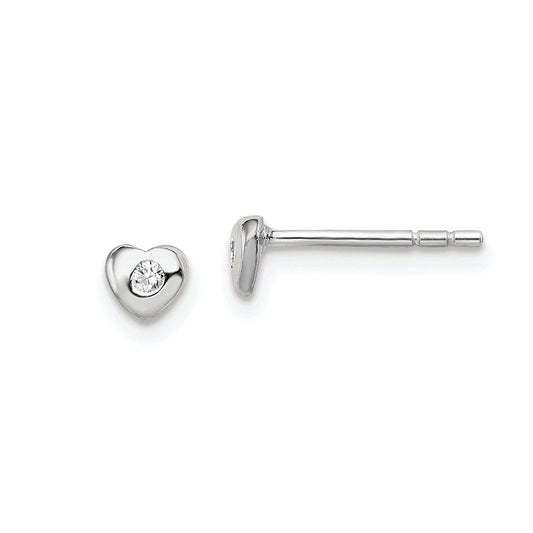 Children's White Crystal April Birthstone Heart Earrings in Rhodium Plated Sterling Silver