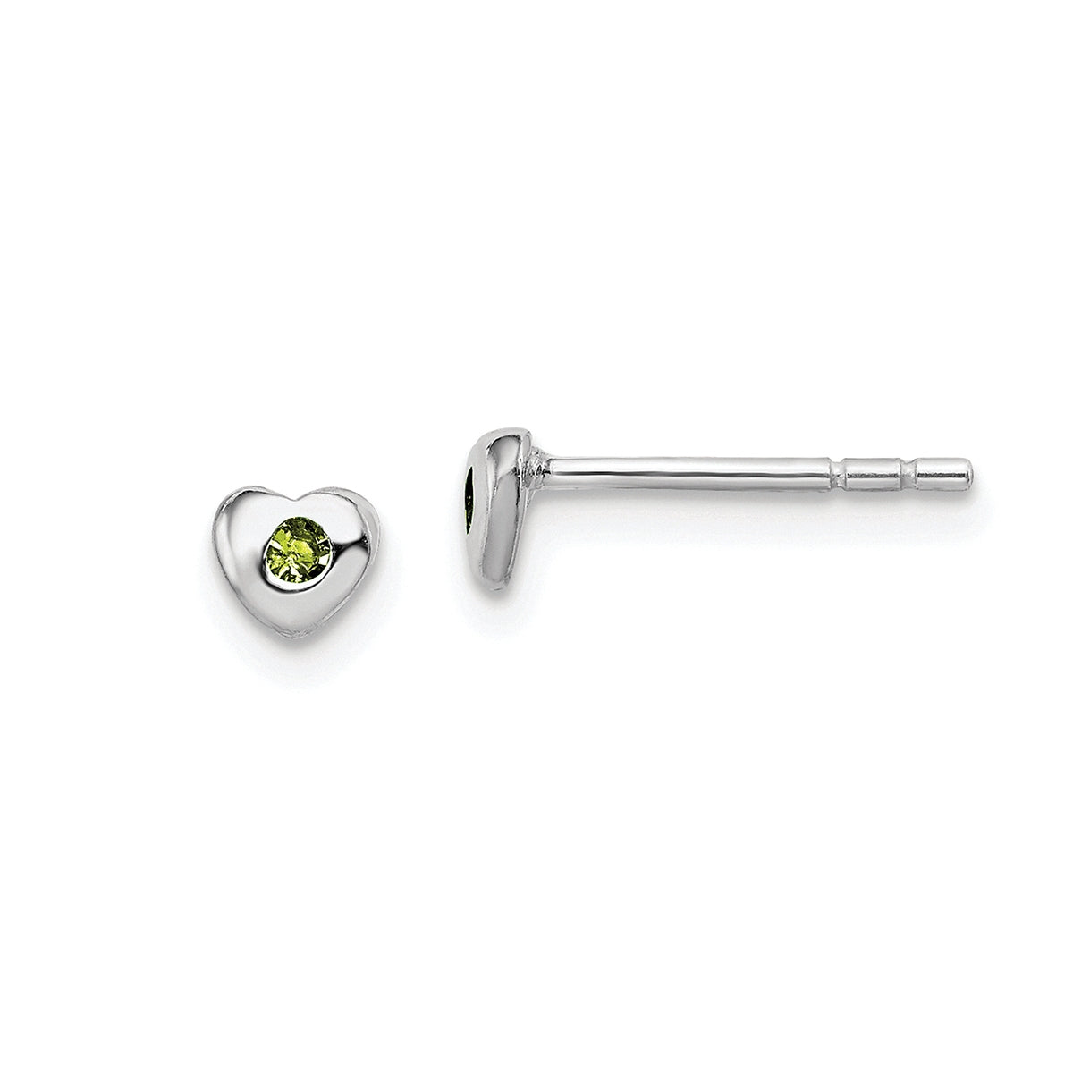 Children's Light Green Crystal August Birthstone Heart Earrings in Rhodium Plated Sterling Silver