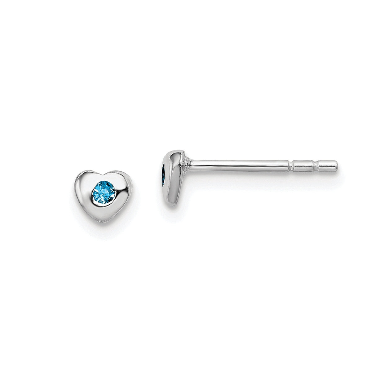 Children's Blue Crystal December Birthstone Heart Earrings in Rhodium Plated Sterling Silver