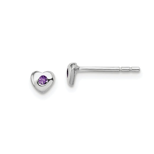 Children's Purple Crystal February Birthstone Heart Earrings in Rhodium Plated Sterling Silver