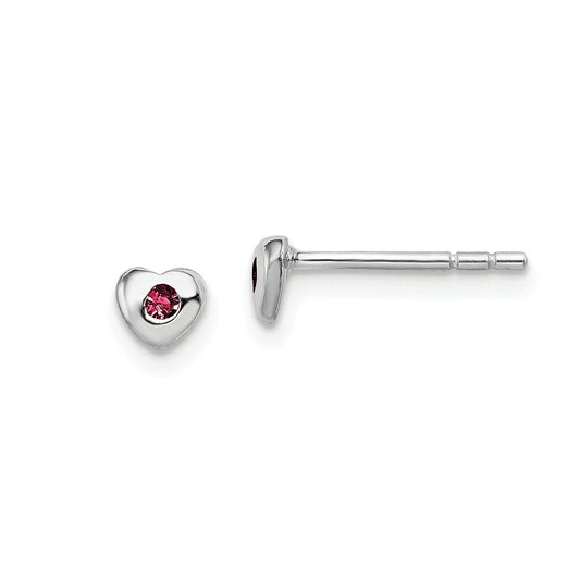 Children's Red Crystal July Birthstone Heart Earrings in Rhodium Plated Sterling Silver