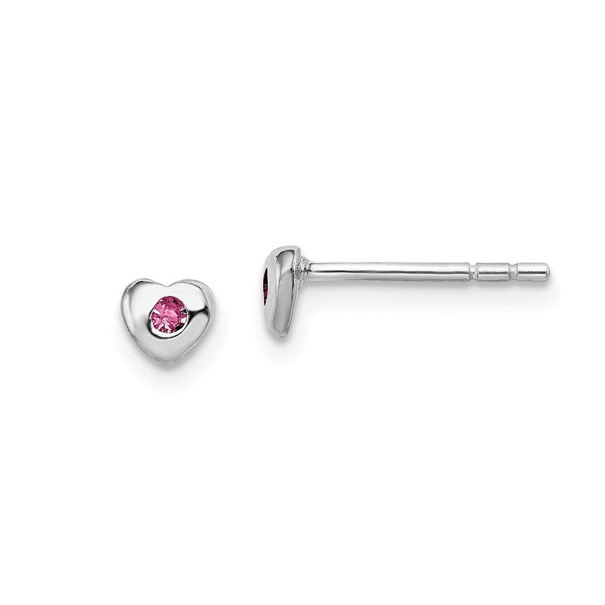 Children's Pink Crystal June Birthstone Heart Earrings in Rhodium Plated Sterling Silver