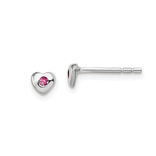 Children's Pink Crystal June Birthstone Heart Earrings in Rhodium Plated Sterling Silver