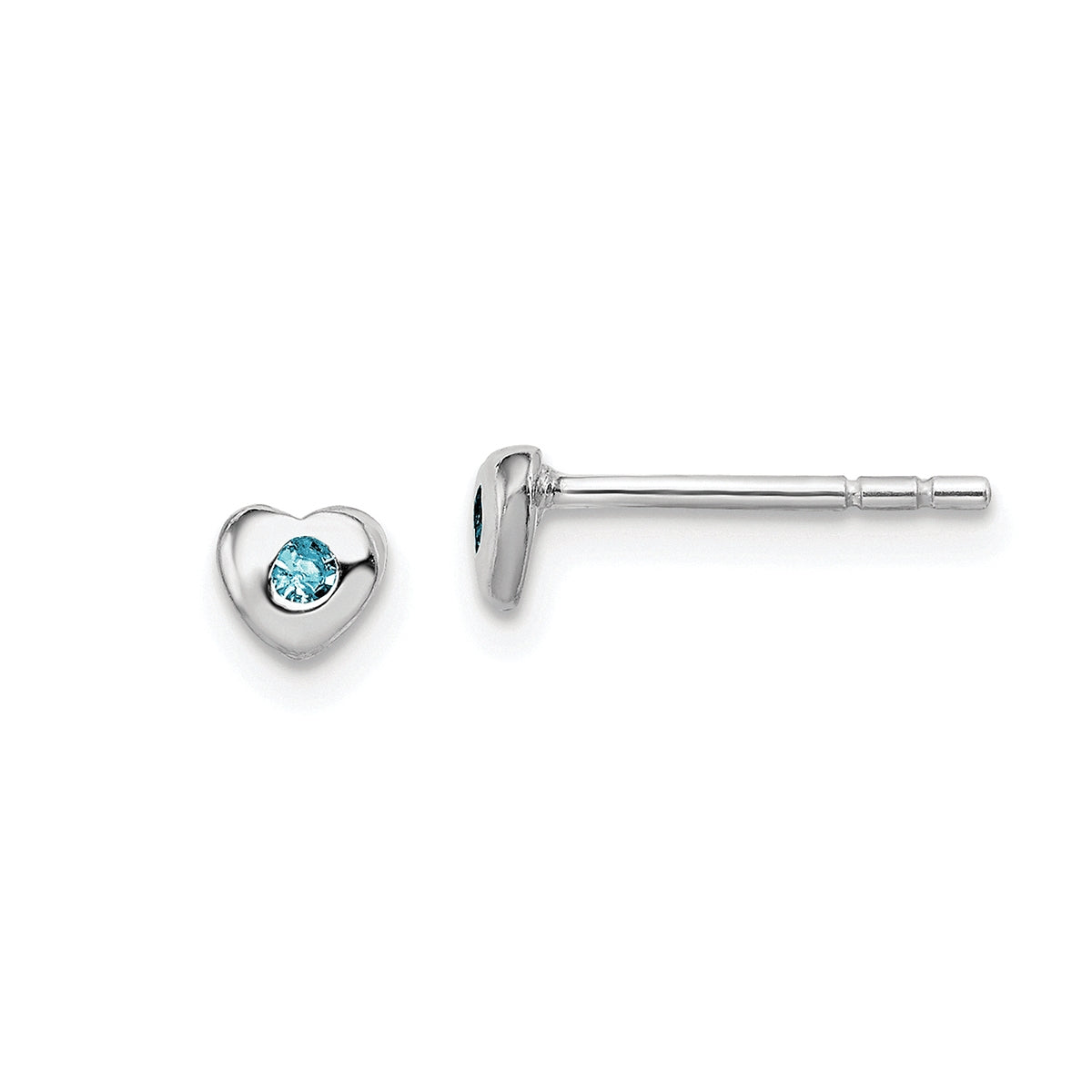 Children's Light Blue Crystal March Birthstone Heart Earrings in Rhodium Plated Sterling Silver