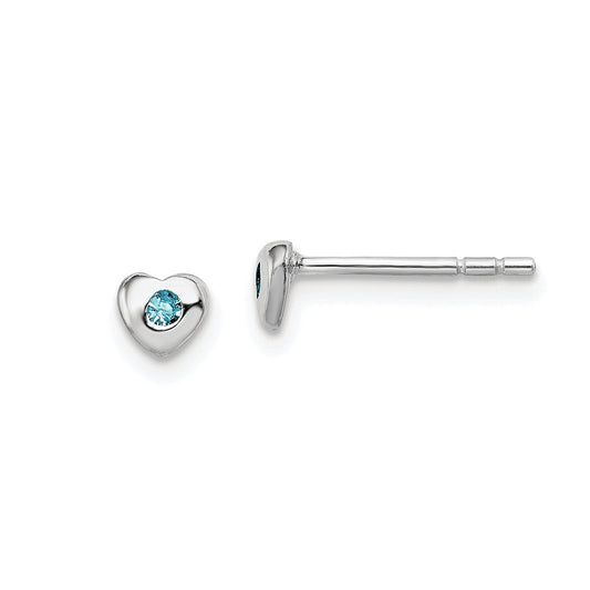Children's Light Blue Crystal March Birthstone Heart Earrings in Rhodium Plated Sterling Silver