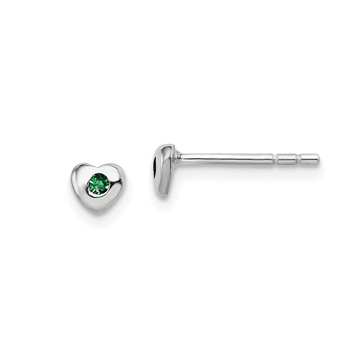 Children's Green Crystal May Birthstone Heart Earrings in Rhodium Plated Sterling Silver