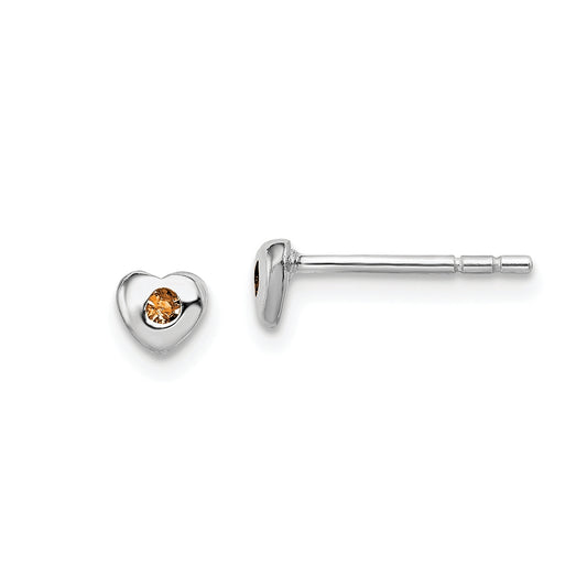 Children's Orange Crystal November Birthstone Heart Earrings in Rhodium Plated Sterling Silver