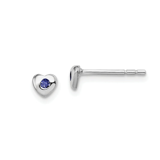 Children's Dark Blue Crystal September Birthstone Heart Earrings in Rhodium Plated Sterling Silver