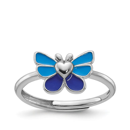 Children's Blue Enamel Butterfly Pendant, Earring & Ring Set in Rhodium Plated Sterling Silver full view