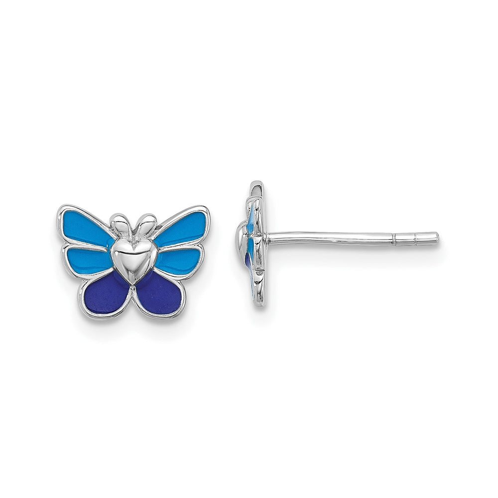 Children's Blue Enamel Butterfly Pendant, Earring & Ring Set in Rhodium Plated Sterling Silver front view