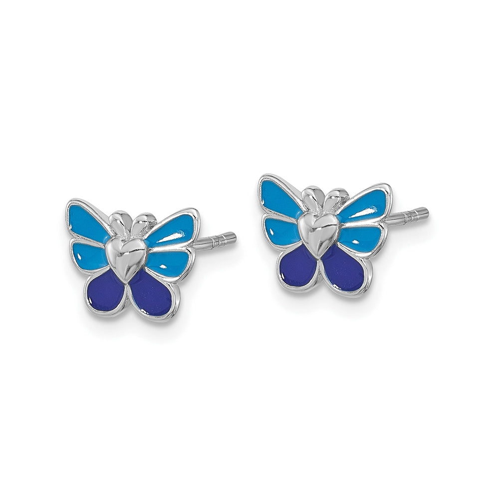 Children's Blue Enamel Butterfly Pendant, Earring & Ring Set in Rhodium Plated Sterling Silver close-up detail
