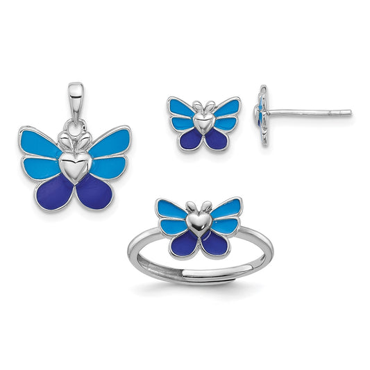 Children's Blue Enamel Butterfly Pendant, Earring & Ring Set in Rhodium Plated Sterling Silver