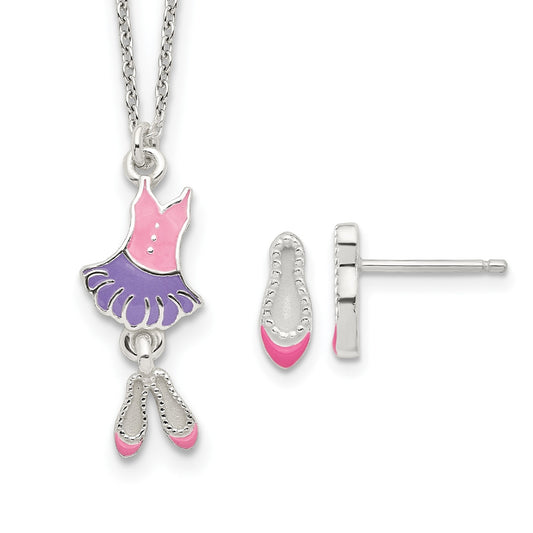 Children's Pink & Purple Enamel Ballerina Pendant & Earring Set in Sterling Silver