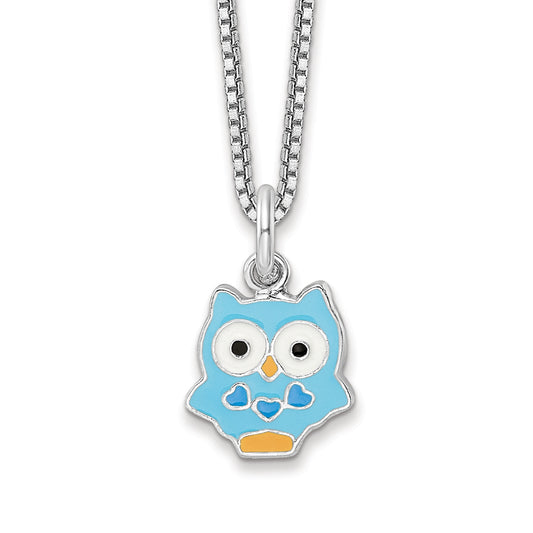 Children's Blue Enamel Owl Pendant in Rhodium Plated Sterling Silver
