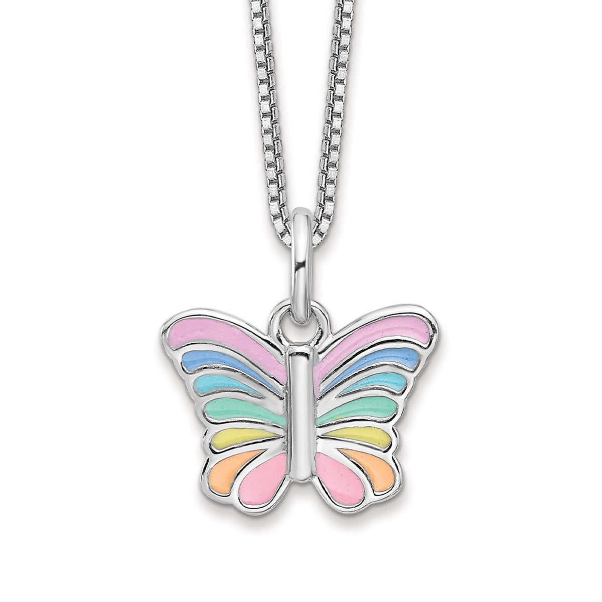 Children's Enamel Rainbow Butterfly Pendant in Rhodium Plated Sterling Silver