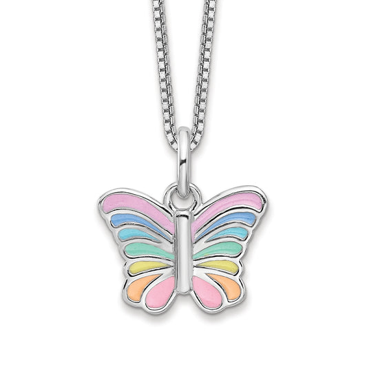 Children's Enamel Rainbow Butterfly Pendant in Rhodium Plated Sterling Silver