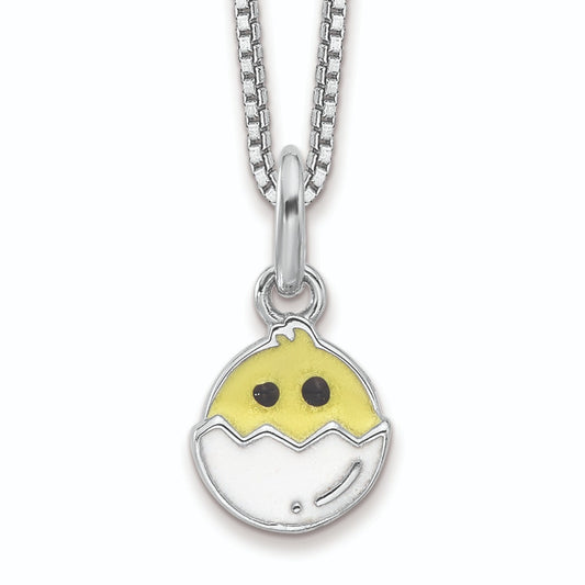 Children's Enamel Chick in Egg Pendant in Rhodium Plated Sterling Silver
