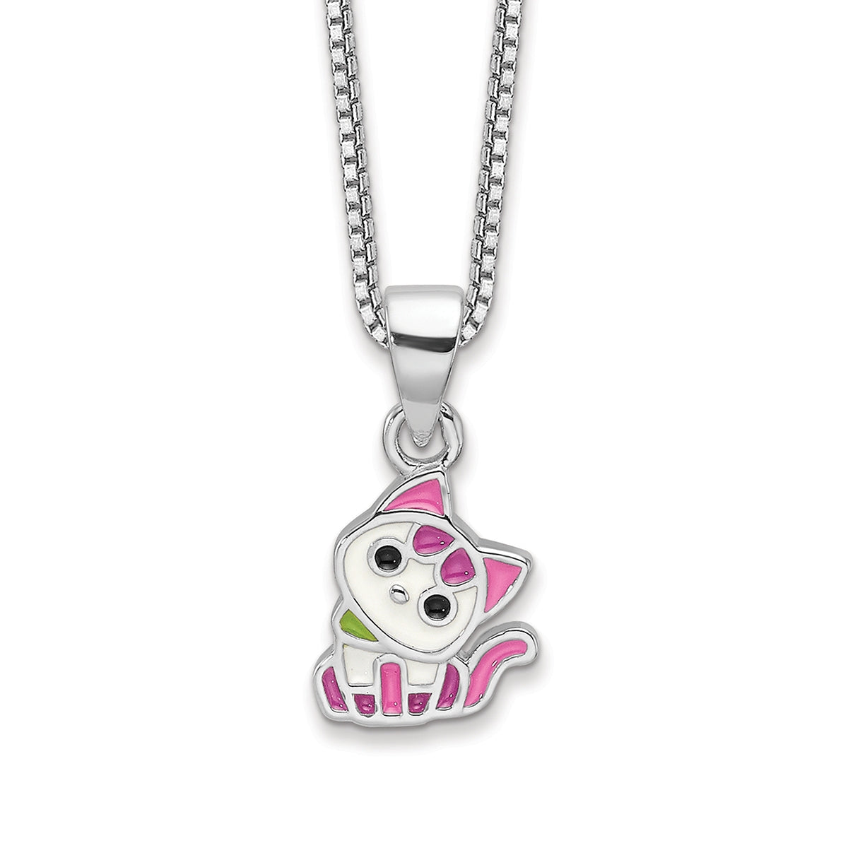 Children's Pink & Purple Enamel Kitty Pendant in Rhodium Plated Sterling Silver