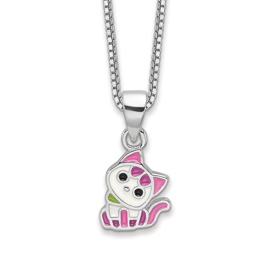Children's Pink & Purple Enamel Kitty Pendant in Rhodium Plated Sterling Silver