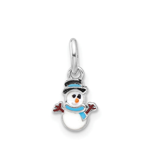 Children's Enamel Snowman Pendant in Rhodium Plated Sterling Silver