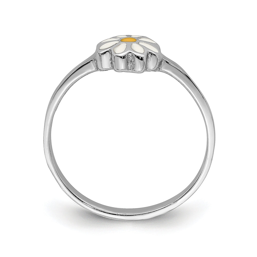 Children's Enamel Daisy Flower Ring in Rhodium Plated Sterling Silver front view