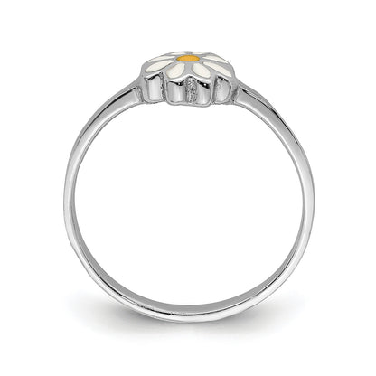 Children's Enamel Daisy Flower Ring in Rhodium Plated Sterling Silver front view