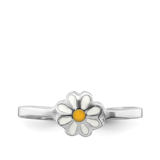Children's Enamel Daisy Flower Ring in Rhodium Plated Sterling Silver close-up detail