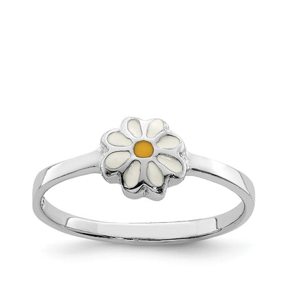 Children's Enamel Daisy Flower Ring in Rhodium Plated Sterling Silver