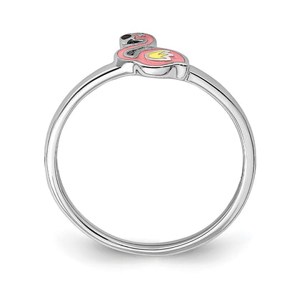 Children's Enamel Flamingo Ring in Rhodium Plated Sterling Silver front view