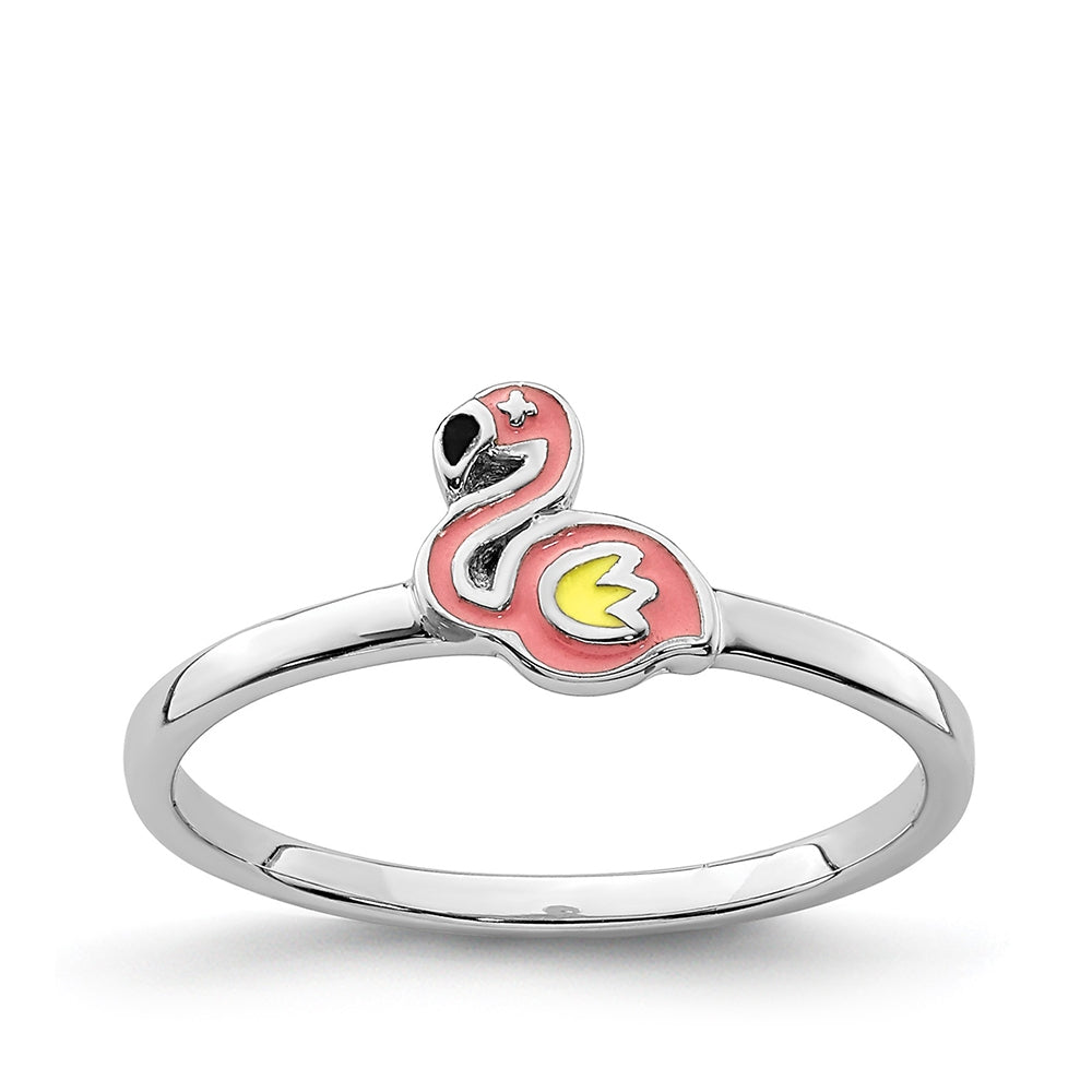 Children's Enamel Flamingo Ring in Rhodium Plated Sterling Silver