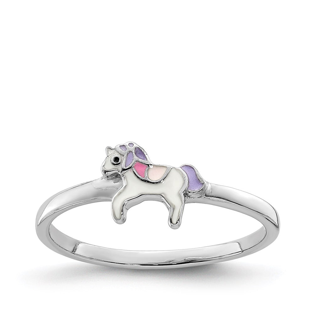 Children's Enamel Unicorn Ring in Rhodium Plated Sterling Silver