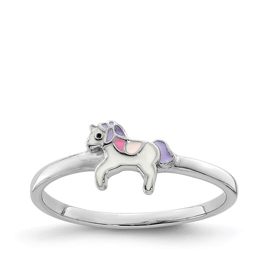 Children's Enamel Unicorn Ring in Rhodium Plated Sterling Silver