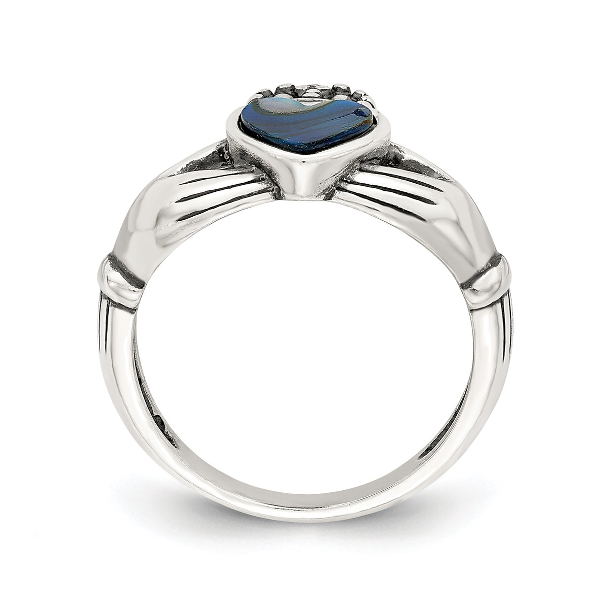Heart Abalone Antiqued Claddagh Ring in Sterling Silver front view